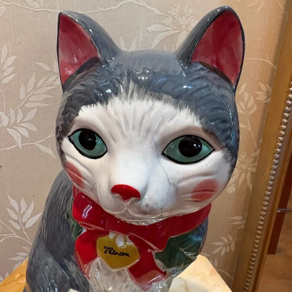Anthropologie ♥️Peluche 🐱 Darling Cat Ceramic Cookie Jar with Red Bow